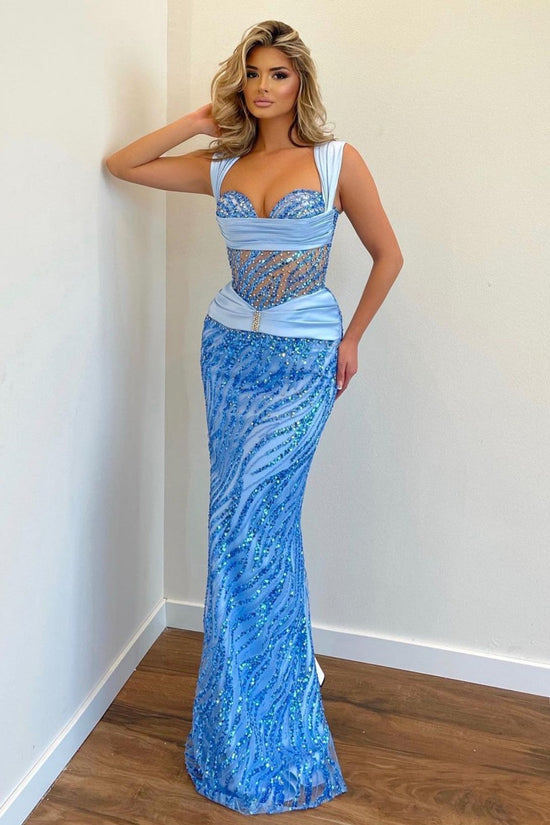 Stunning Mermaid Prom Dress with Wide Sequined Straps in Elegant Blue