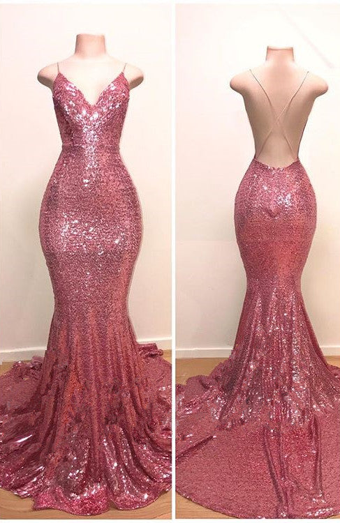 Stunning Pink Sequins Prom Dresses | Mermaid Long Evening Gowns