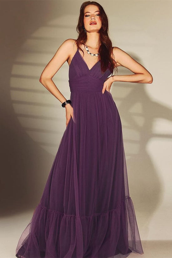Stunning Purple V-Neck Evening Gown with Spaghetti Straps