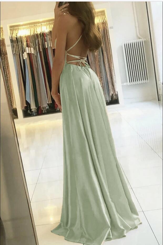 Stunning Spaghetti Straps Satin Evening Dress with Side Slit Sleeveless Floor Length Prom Dress