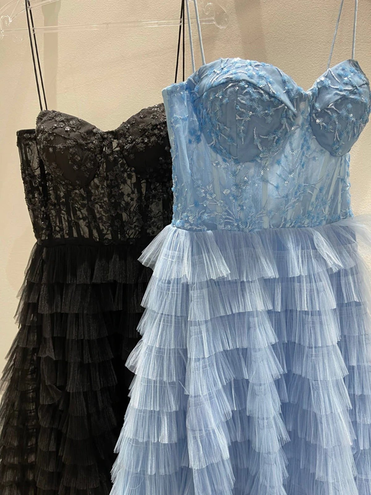 Stunning Strapless Ruffle Layered Blue/Black Lace Long Prom Dresses with High Slit, Blue/Black Lace Tulle Formal Evening Dresses 