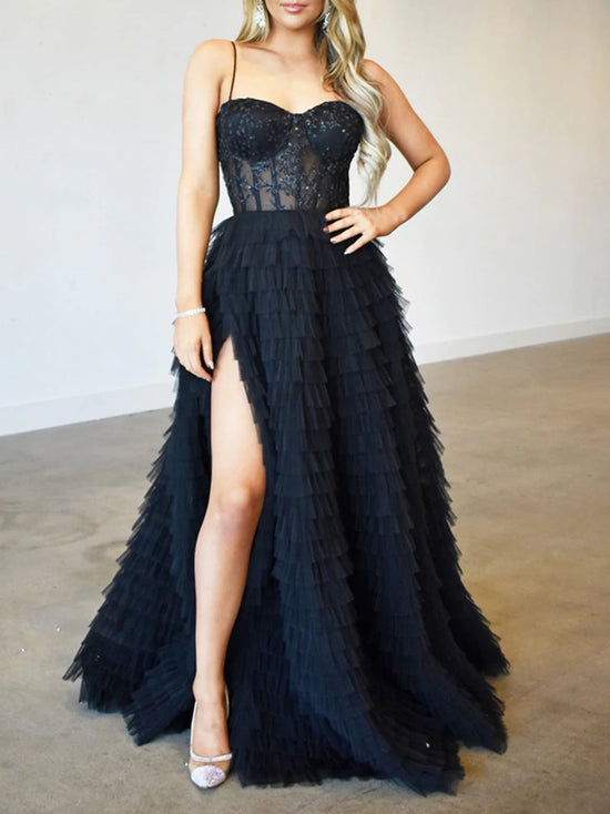 Stunning Strapless Ruffle Layered Blue/Black Lace Long Prom Dresses with High Slit, Blue/Black Lace Tulle Formal Evening Dresses 