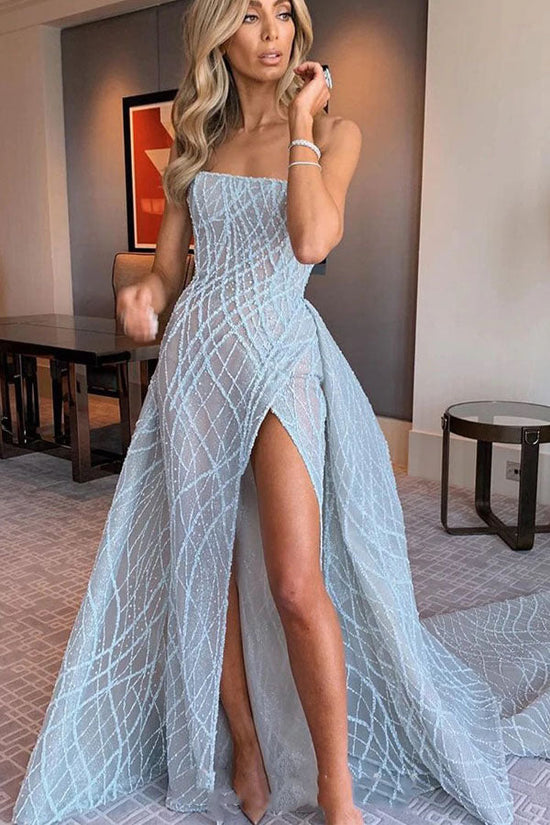 Stunning Strapless Sky Blue Lace Prom Dress With Side Slit