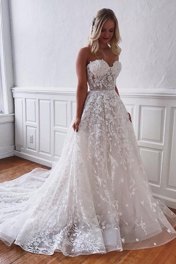 Stunning Sweetheart Aline Wedding Dress Sleeveless Tulle Lace Bridal Dress with Appliques