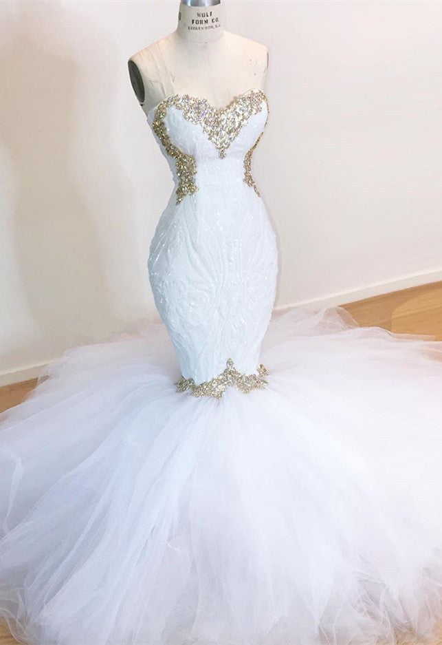 Stunning Sweetheart White Wedding Dresses | Mermaid Tulle Bridla Gowns With Beads