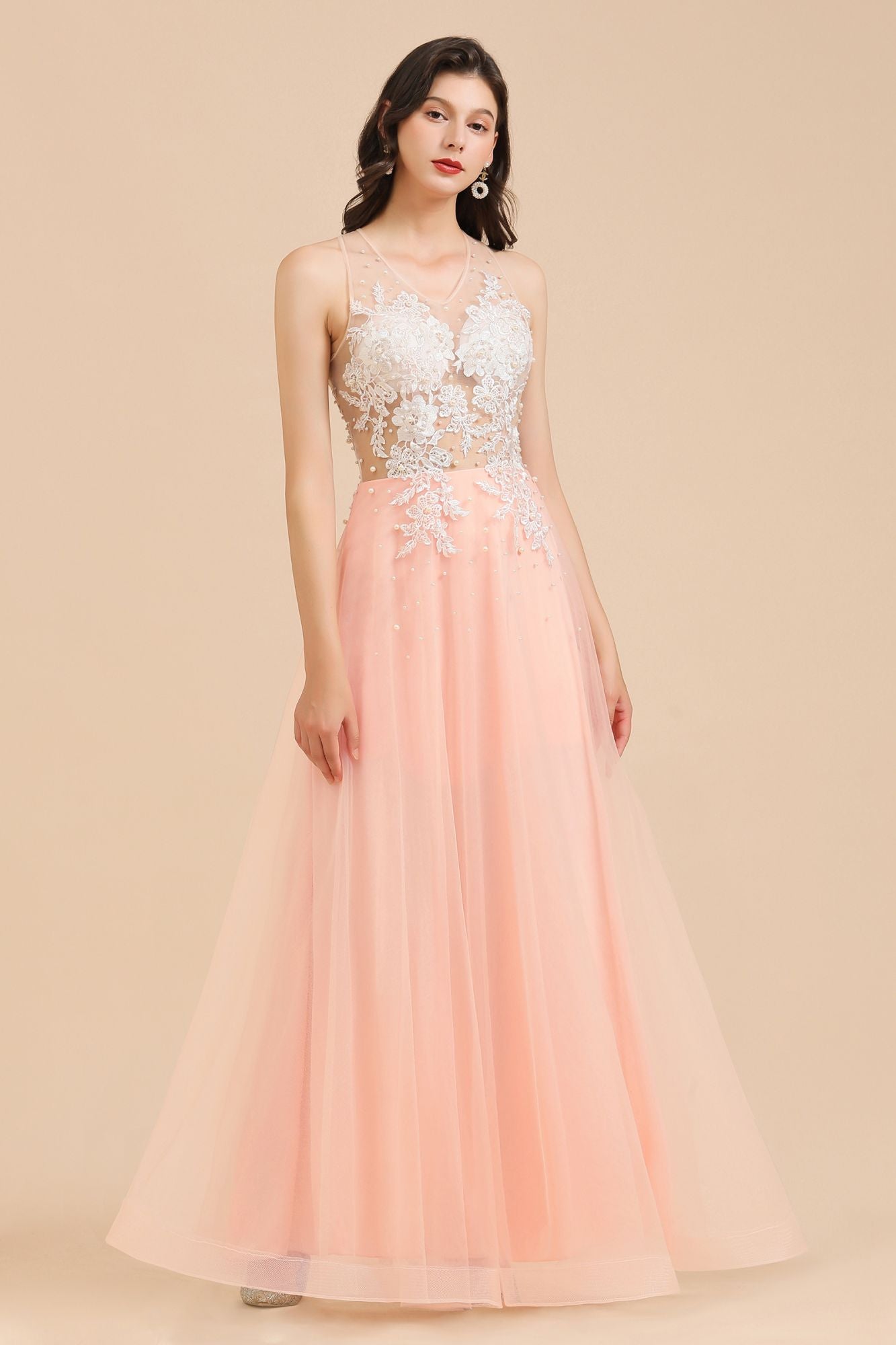 Stylish Sleeveless Evening Maxi Dress A-line Lace Appliques Prom Dress
