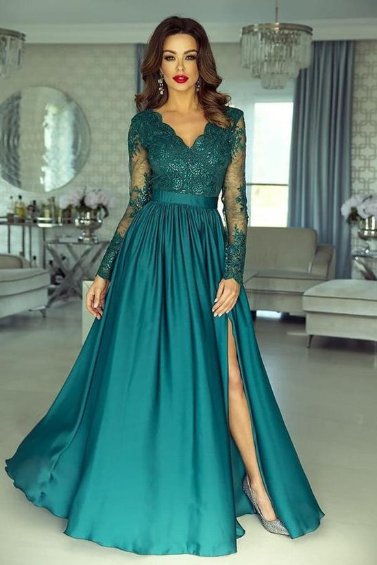 Stylish V-Neck Green Evening Dress with Long Sleeves Front Slit Lace Aline Prom Dress