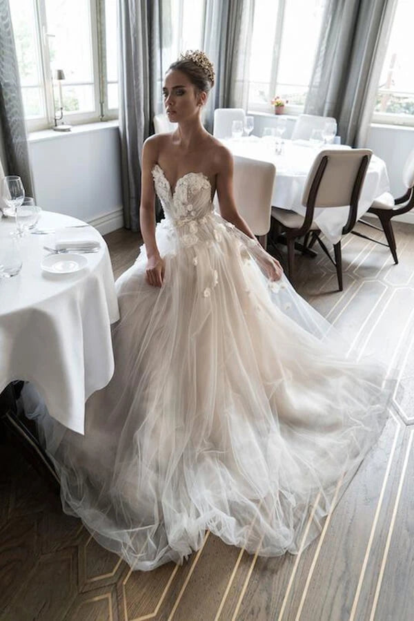 Sweetheart Beaded Tulle Wedding Dress Floral Bridal Gown