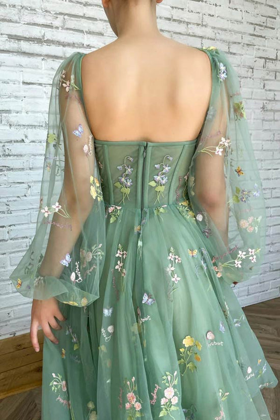 Sweetheart Green Tulle Tea Length Prom Dresses With Embroidery