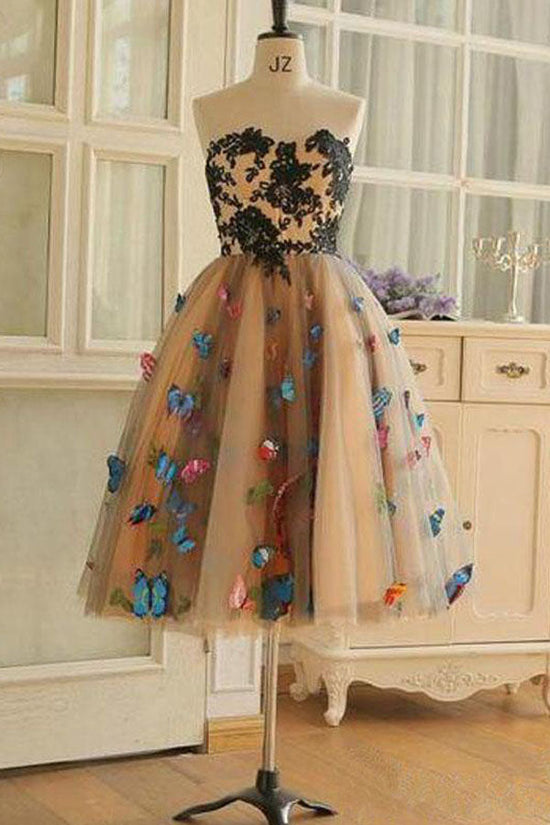 Sweetheart Neckline Tea Length Short Homecoming Dress With Colorful Butterflies