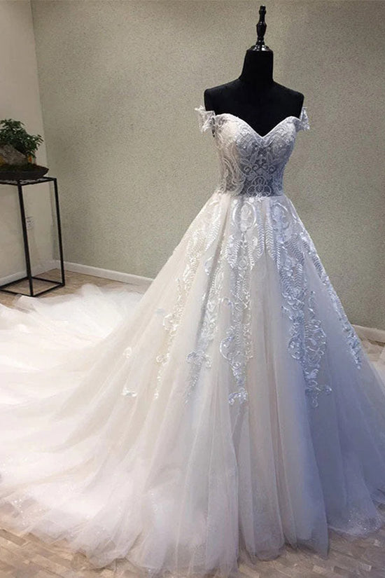 Sweetheart Off The Shoulder White Wedding Dress With Lace Appliques