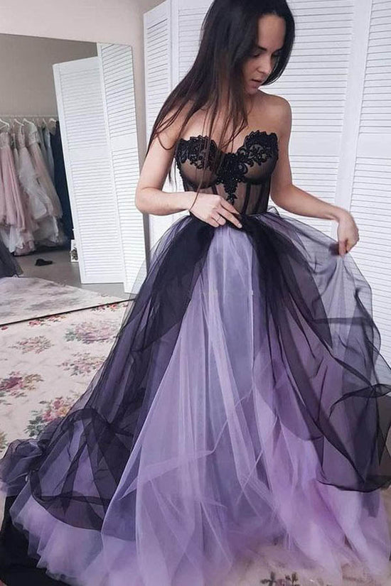 Sweetheart Tulle Long Prom Dress Lace Appliques Evening Dress