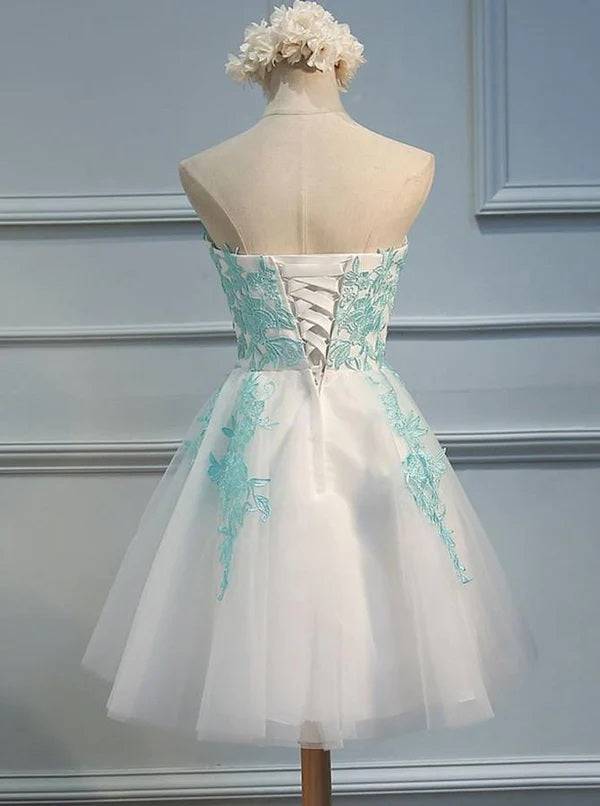 Sweetheart White Tulle And Light Green Lace Short Junior Homecoming Dress WD192