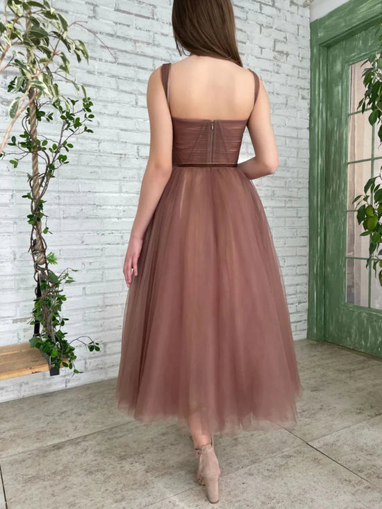 Tea Length Brown Tulle Prom Homecoming Dresses, Brown Formal Graduation Evening Dresses 