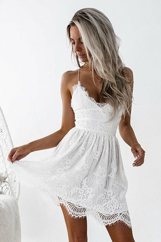 Tie Back White Lace Homecoming Dress Backless Short Prom Dress