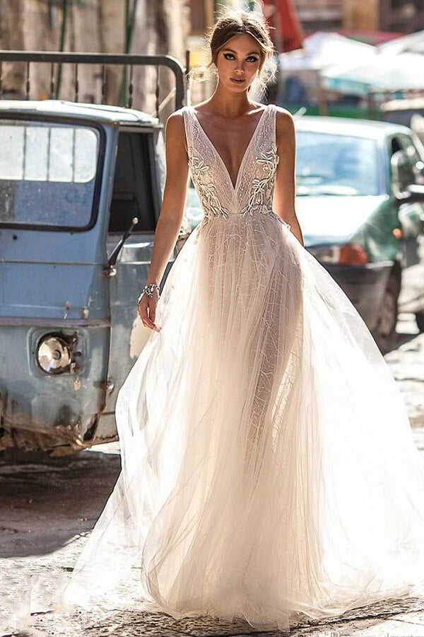 Trendy Deep V-neck Tulle A-line Wedding Dress