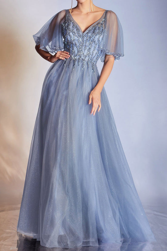 Tulle Short Sleeves V neck Aline Floor-Length Prom Dress With Sequins