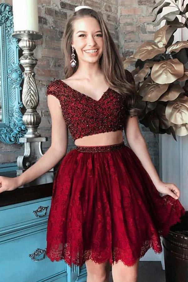 Two Piece Cap Sleeve Short Homecoming Dress With Beading