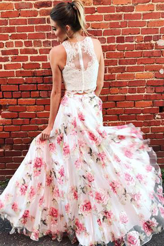 Two Piece Floral Print Tulle Prom Dress With Lace Top