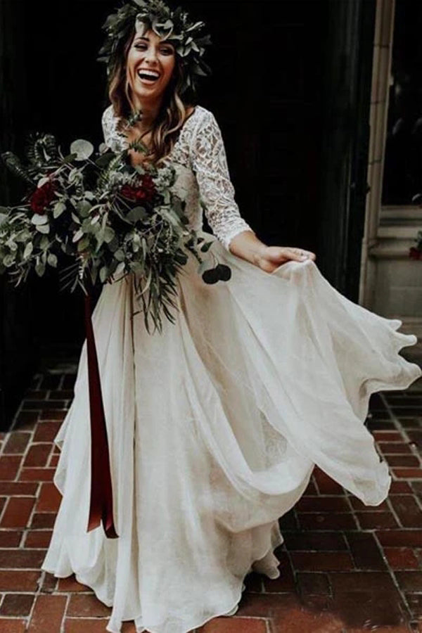 Two Piece Ivory Chiffon Wedding Dress 34 Sleeve Bridal Gown