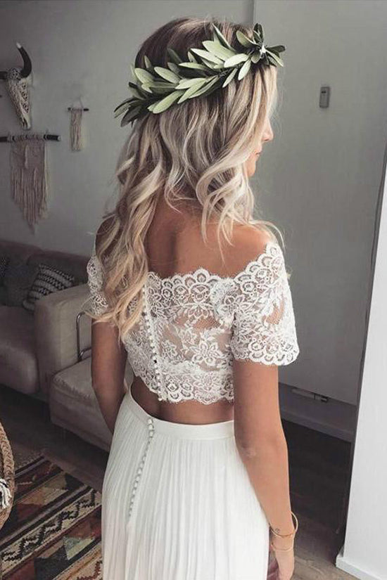 Two Piece Lace Top Wedding Dress Short Sleeve Bridal Gown