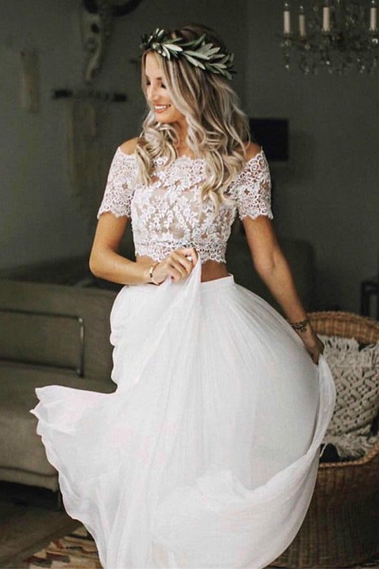 Two Piece Lace Top Wedding Dress Short Sleeve Bridal Gown