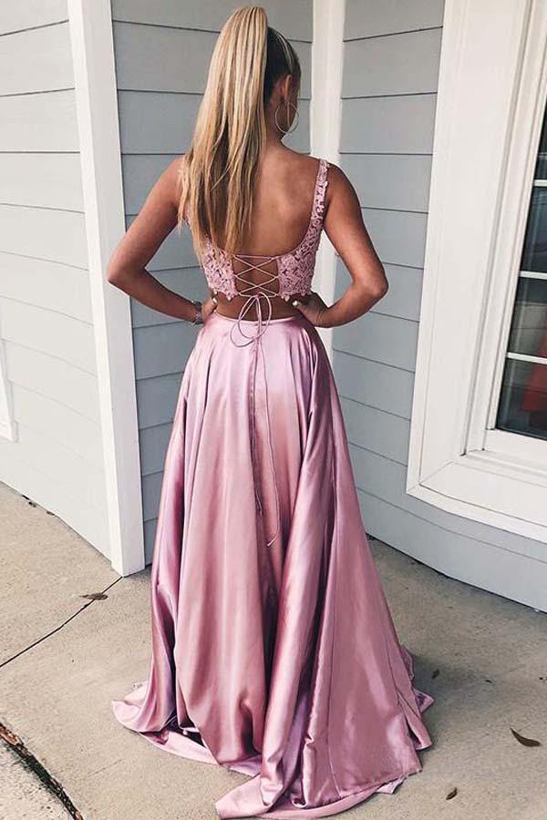 Two Piece Pink Satin Prom Dress With Lace Top