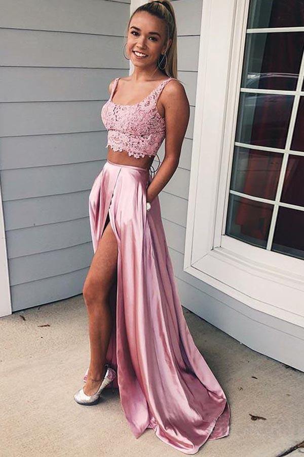Two Piece Pink Satin Prom Dress With Lace Top