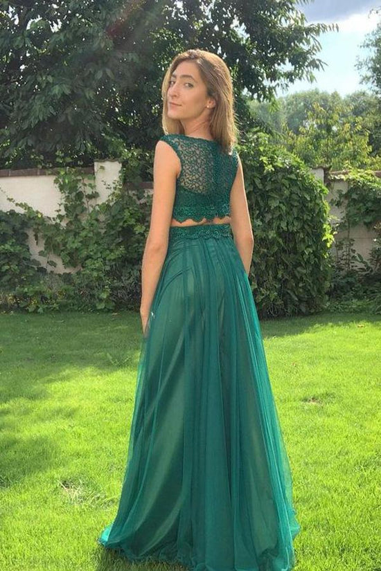 Two Piece Scoop Neckline Tulle Prom Dress With Lace Top