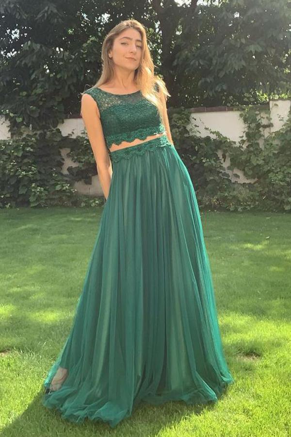 Two Piece Scoop Neckline Tulle Prom Dress With Lace Top