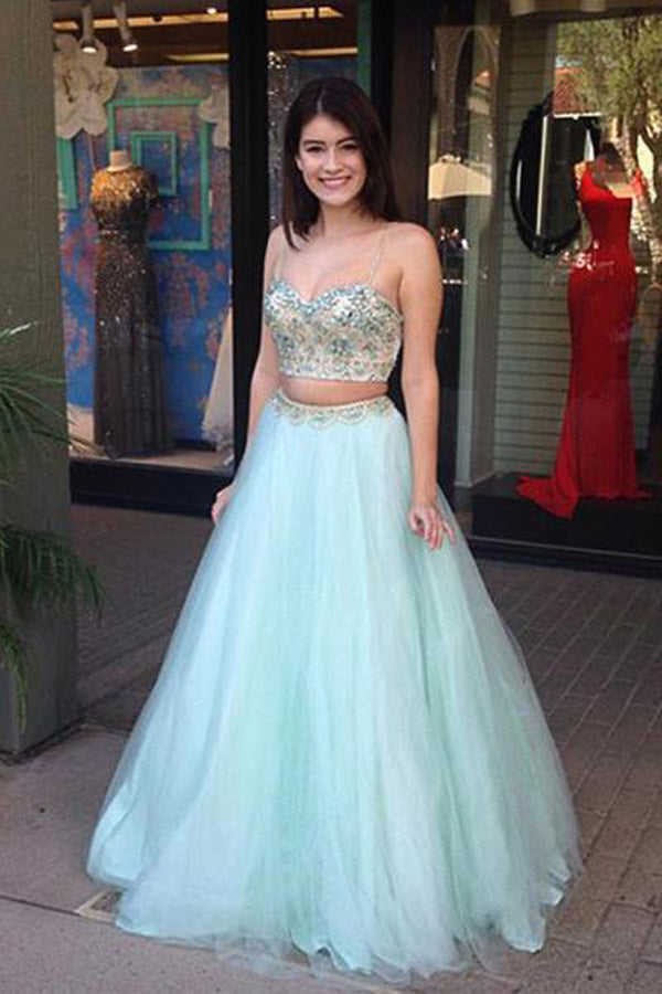 Two Piece Spaghetti Straps Mint Green Tulle Prom Dress With Beading