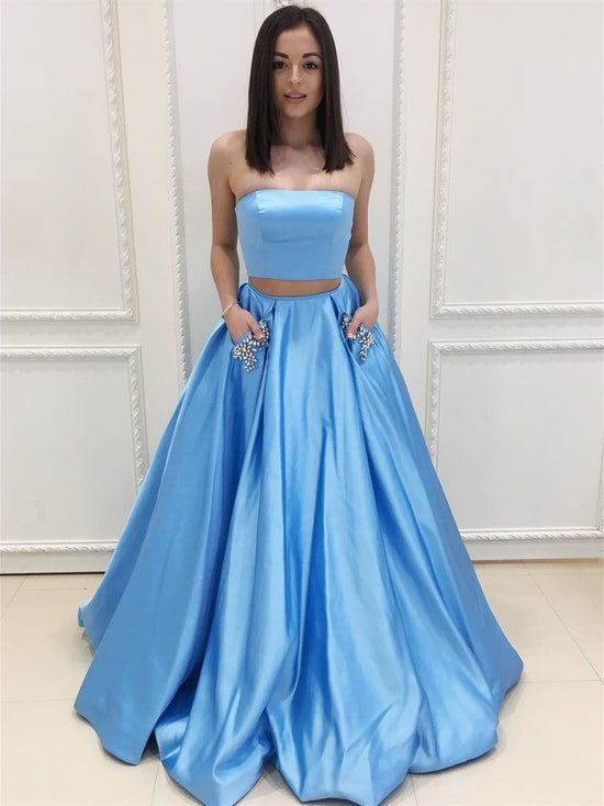 Load image into Gallery viewer, Two Piece Strapless Blue Satin Long Prom Dresses with Beading Pockets, Blue Formal Dresses, Two Pieces Blue Evening Dresses
