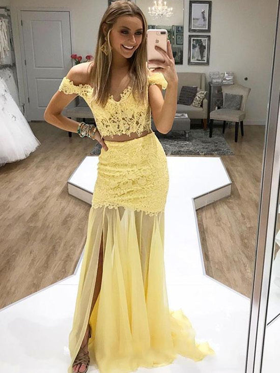 Two Pieces Off Shoulder Mermaid Lace Yellow Prom Dresses with Slit, Off Shoulder Mermaid Formal Dresses, Yellow Lace Evening Dresses