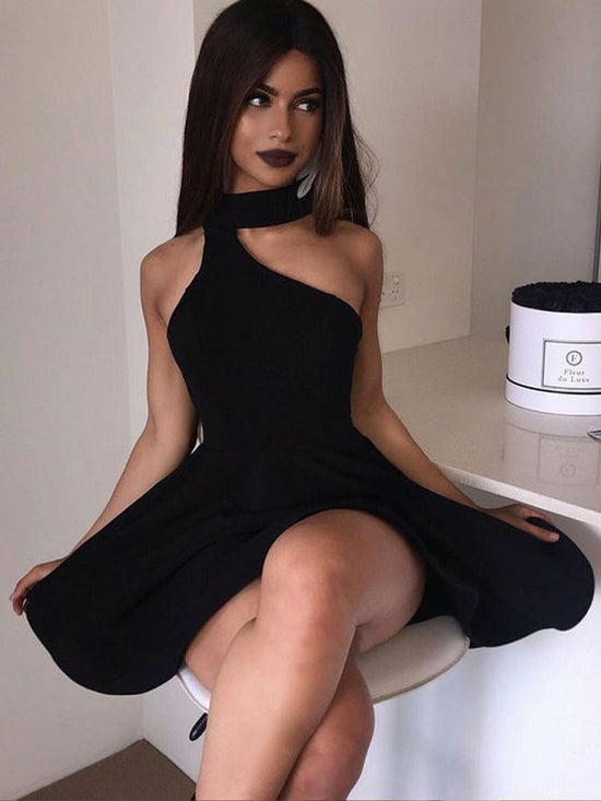 Load image into Gallery viewer, Unique Halter Neck Black/White Homecoming Dresses Short Prom Dresses, Black/White Formal Dresses, Graduation Dresses
