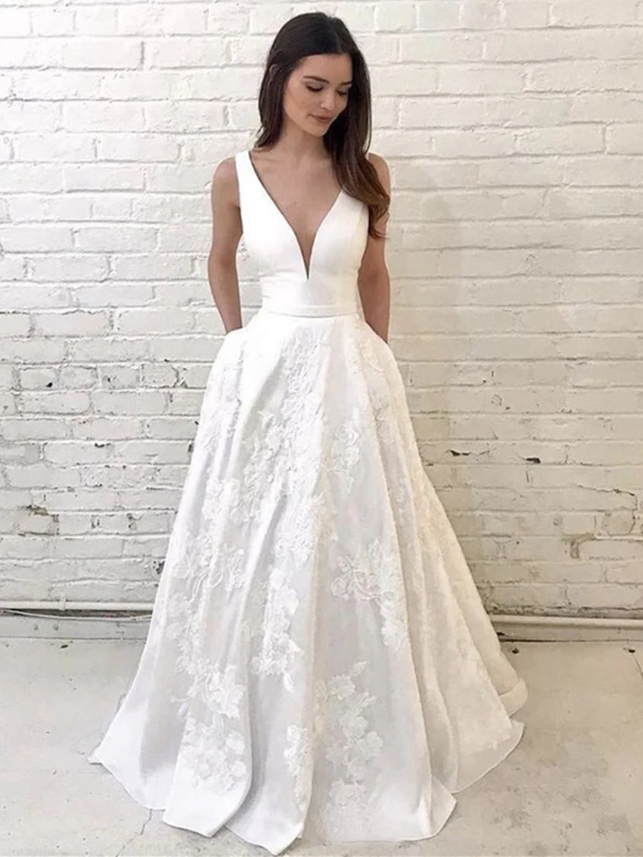 Load image into Gallery viewer, Unique V Neck Lace Appliques White Long Prom Wedding Dresses, V Neck White Lace Formal Dresses, White Lace Evening Dresses
