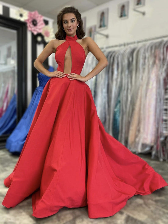 Unique V Neck Red Satin Long Prom Dresses, Long Red Formal Graduation Evening Dresses 