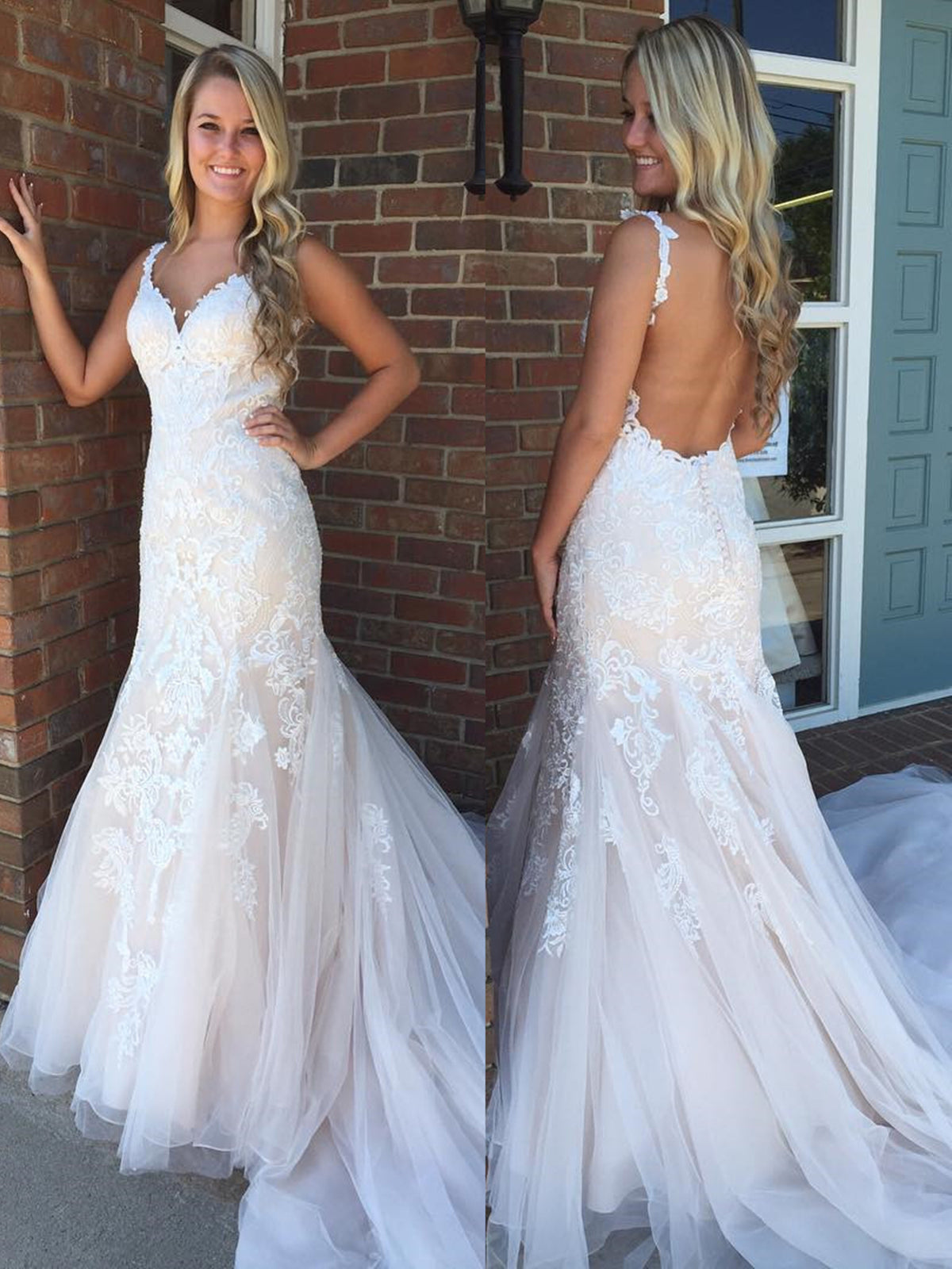 V Neck Backless Mermaid Champagne Lace Long Prom Wedding Dresses with Train, Champagne Lace Formal Evening Dresses 