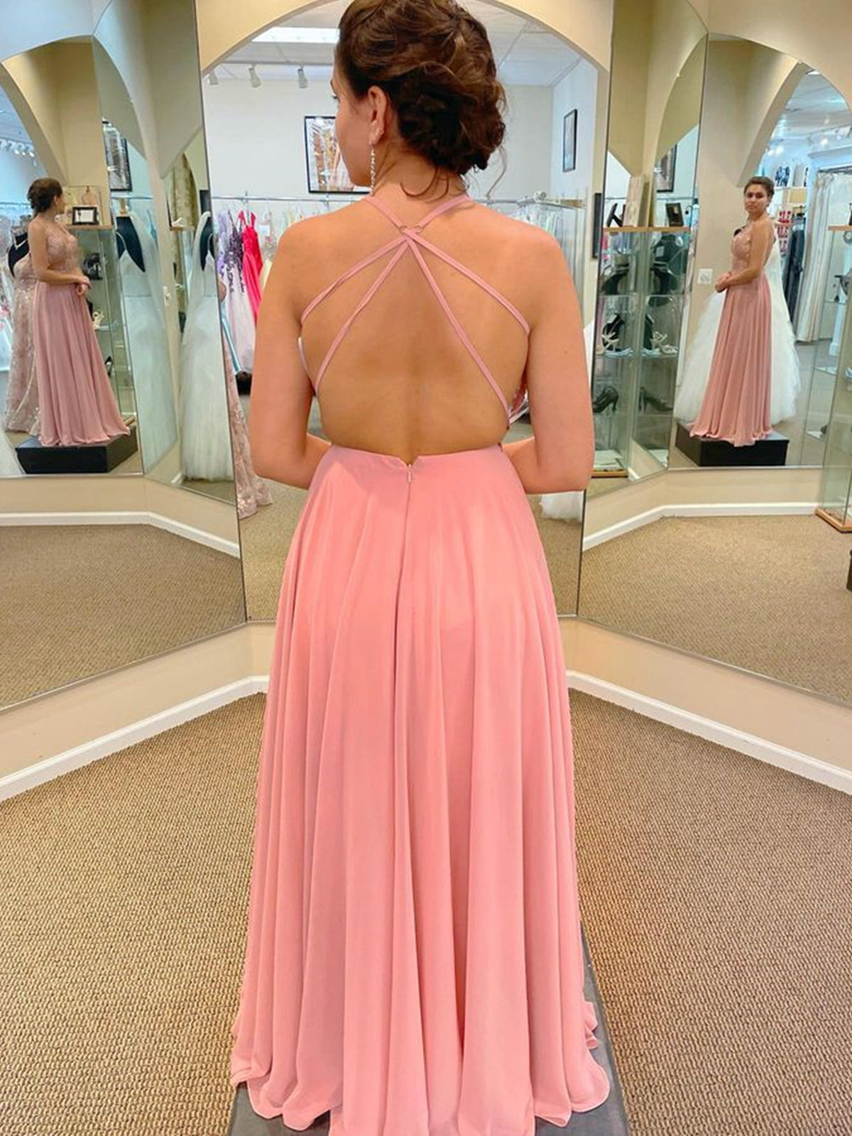 V Neck Backless Pink Lace Long Prom Dresses with Slit, Pink Lace Tulle Bridesmaid Dresses, Pink Formal Graduation Evening Dresses 