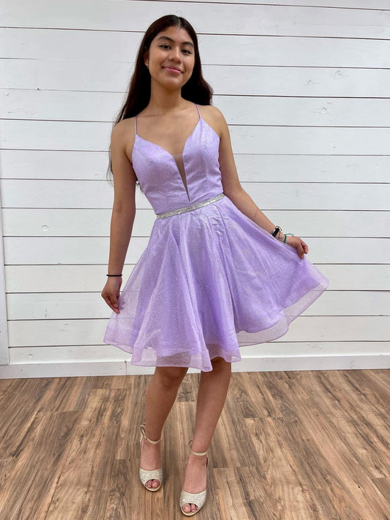 V Neck Backless Purple Tulle Prom Dresses with Belt, Backless Purple Homecoming Dresses, Short Lilac Formal Evening Dresses 