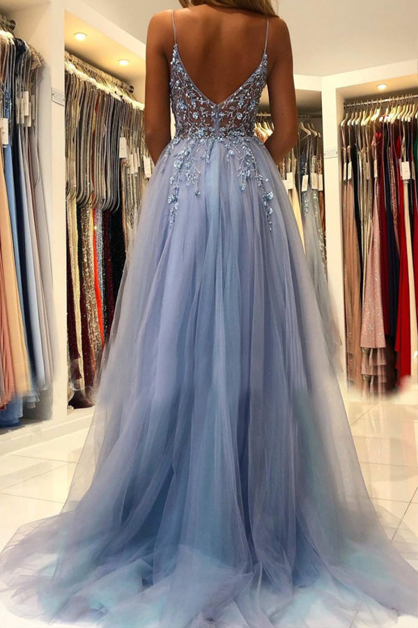 V Neck Blue Tulle Long Prom Dress Beaded Evening Dress