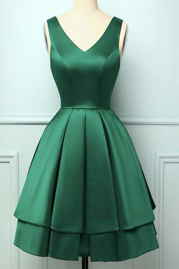 V Neck Green Satin Homecoming Dress