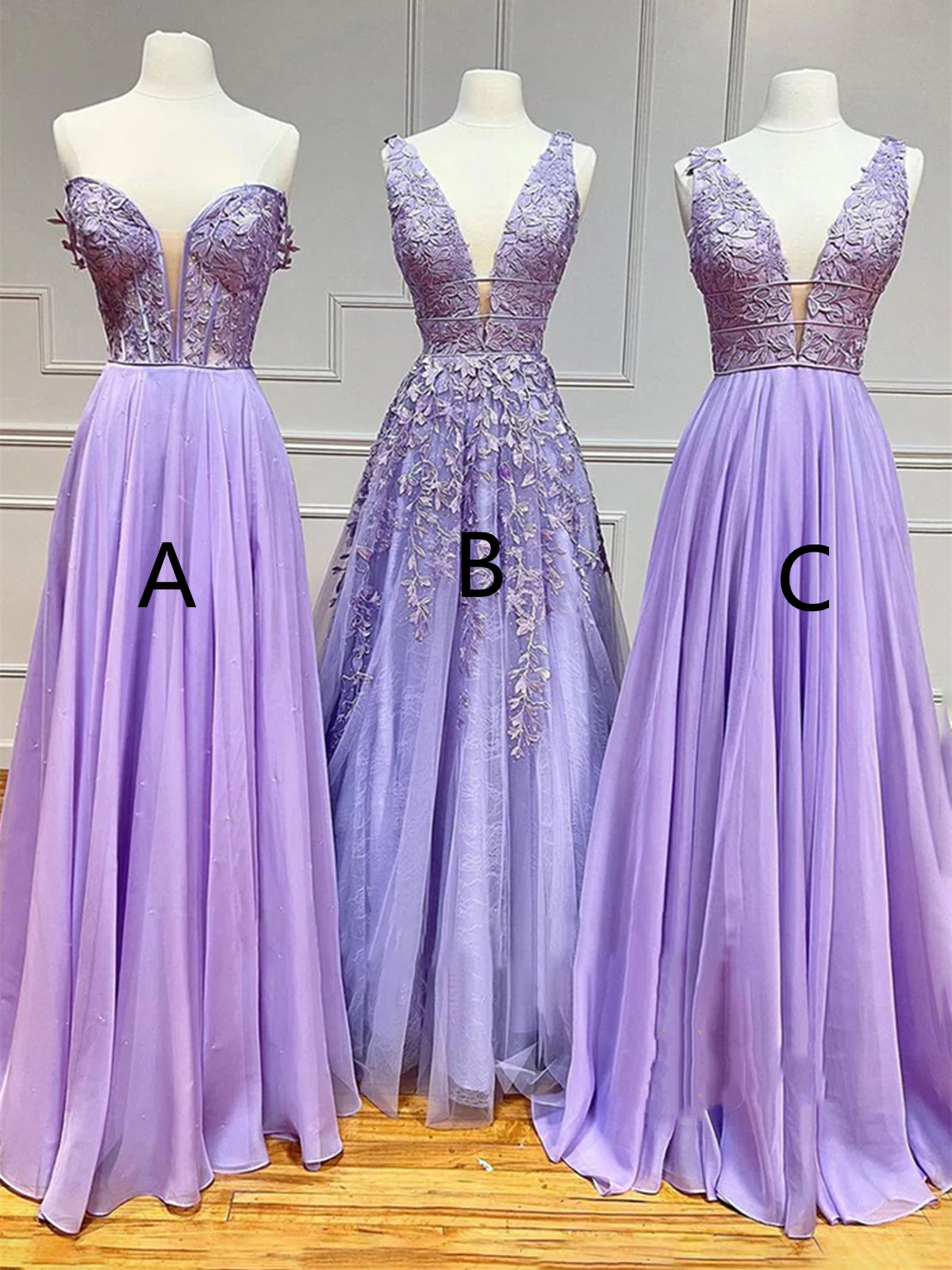 V Neck Lilac Lace Long Prom Dresses, Off Shoulder Lilac Formal Dresses, Lilac Lace Evening Dresses 
