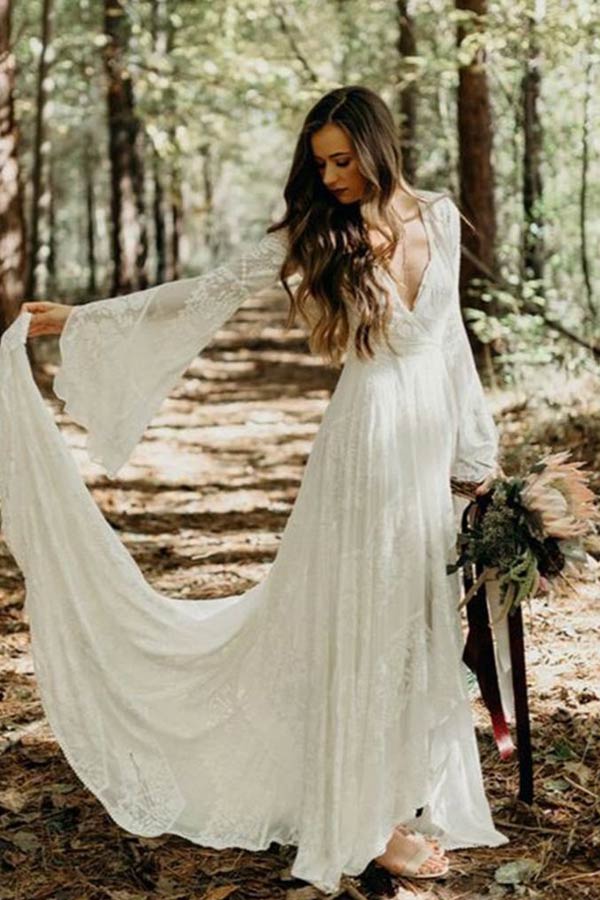 V-neck Long Sleeve Lace Wedding Dresses