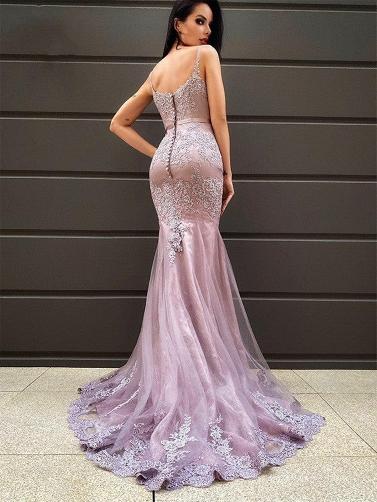 V Neck Mermaid Purple Lace Long Prom Dresses, Mermaid Purple Formal Dresses, Purple Lace Evening Dresses 