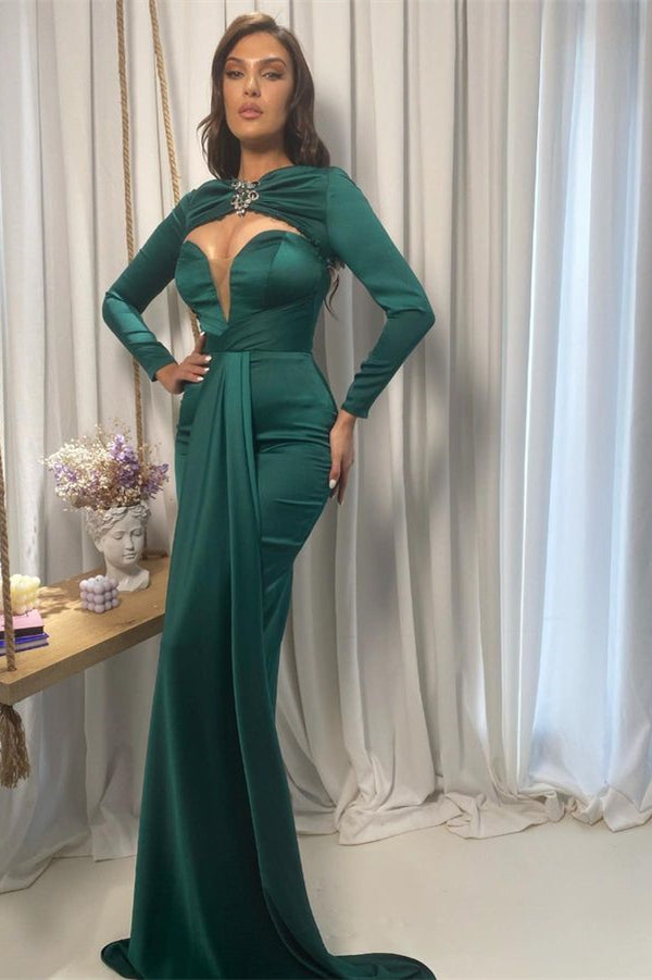 V Neck Prom Dress in Emerald Green with Long Sleeves