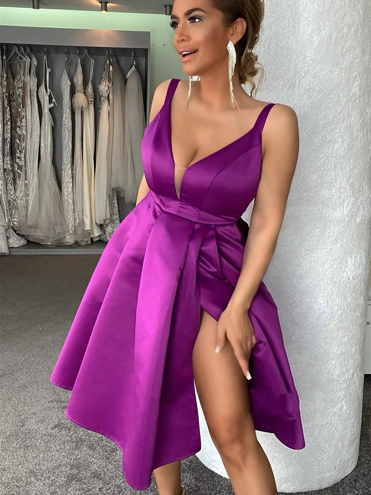 V Neck Purple Short Prom Homecoming Dresses with High Slit, Short Purple Formal Graduation Evening Dresses 