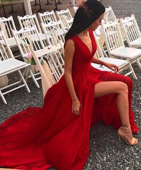 V Neck Red Chiffon Long Prom Dress Split Evening Dress