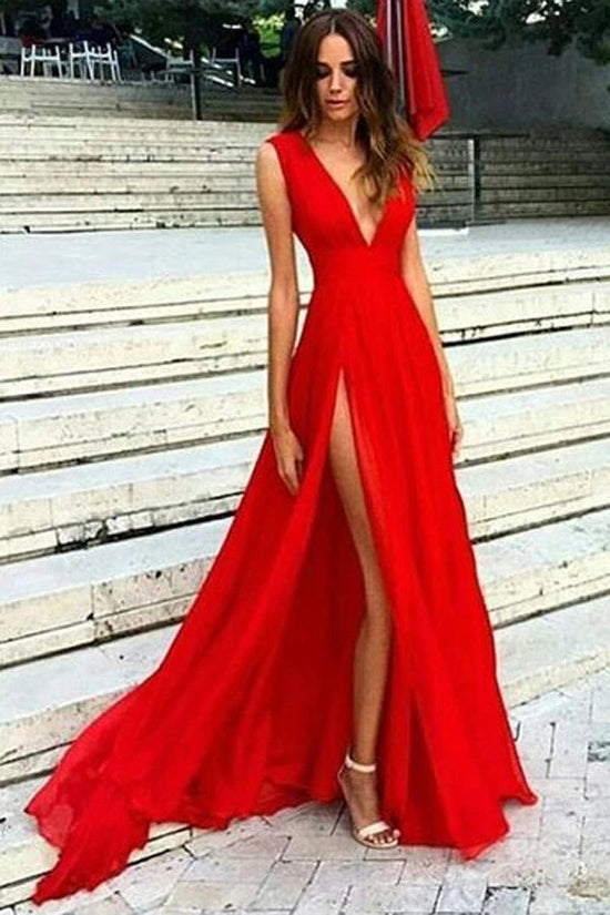 V Neck Red Chiffon Long Prom Dress Split Evening Dress
