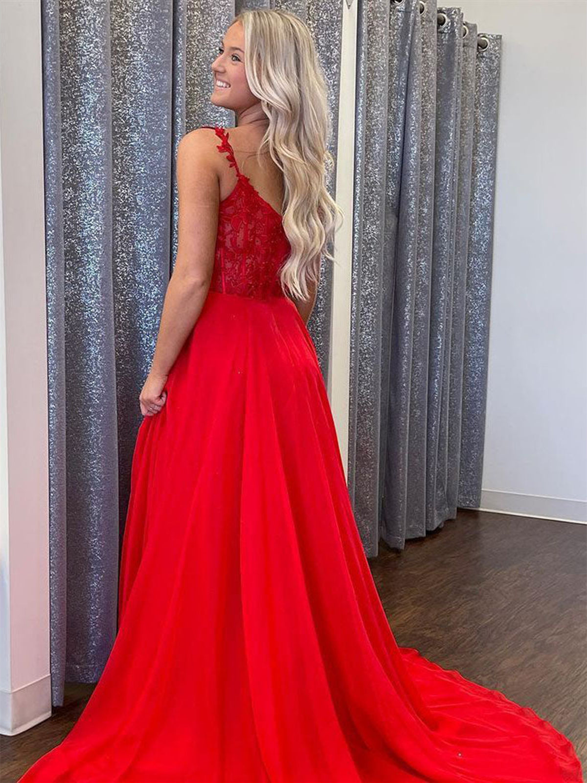 V Neck Red Lace Long Prom Dresses with High Slit, Red Lace Formal Graduation Evening Dresses 