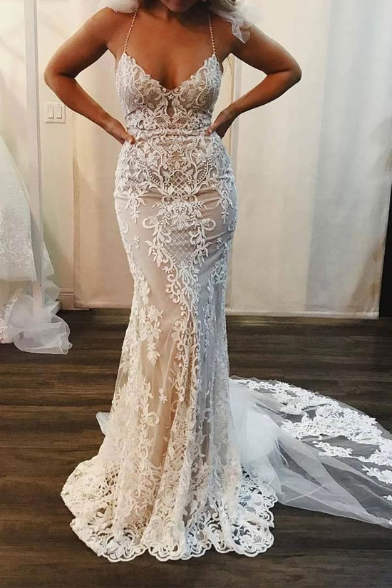 V Neck Spaghetti Straps Lace Mermaid Wedding Dress WW259